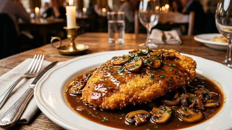 Stunning plated serving of Veal Sinatra in Marsala Wine Sauce, a chef-tested recipe by Chef Jorj Morgan.