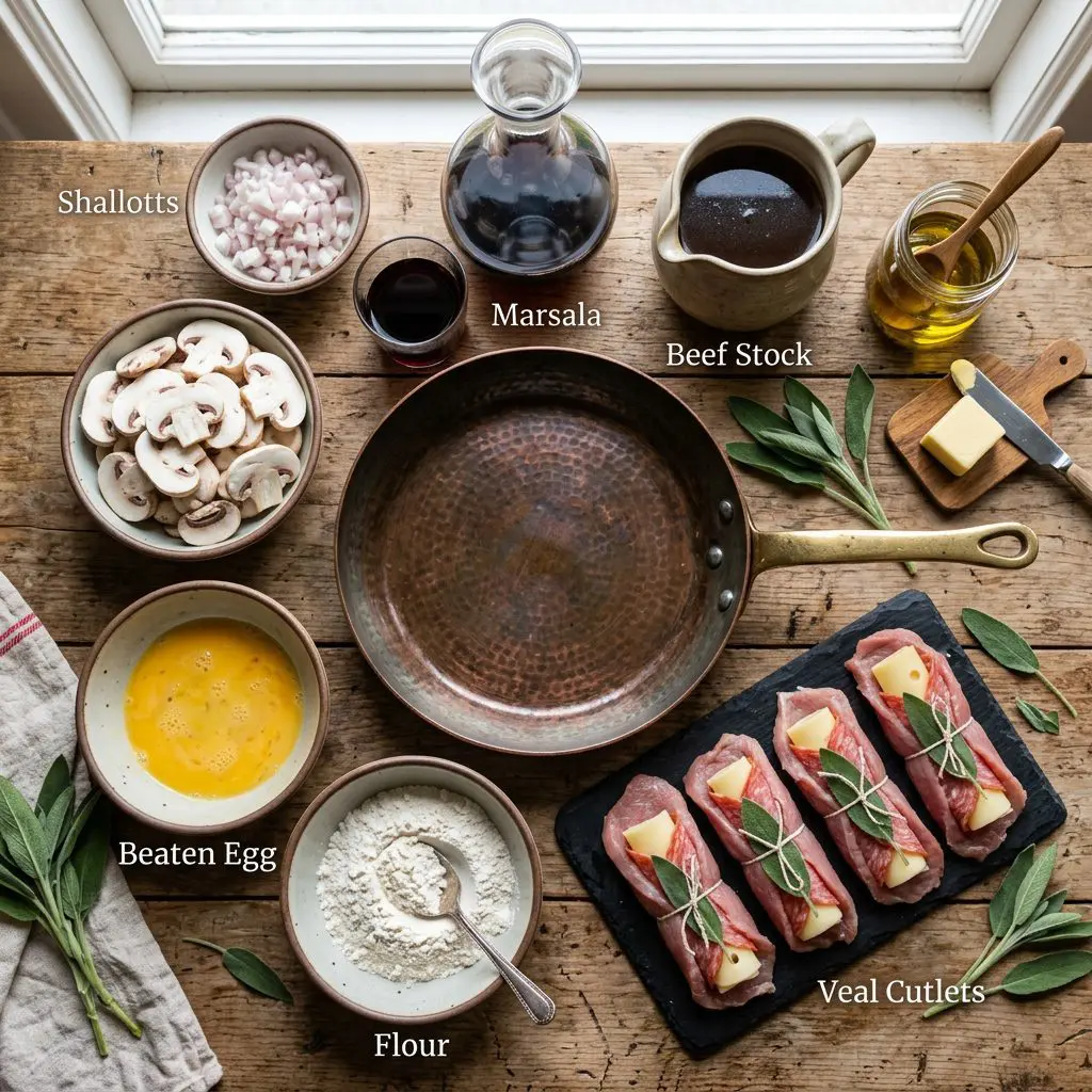 Ingredients arranged: four thin raw veal cutlets, slices of Swiss cheese, salami, fresh sage leaves, a bowl of flour, a bowl of beaten egg, diced shallots, sliced white mushrooms, a glass of dark Marsala wine, beef stock, butter, and olive oil arranged around a heavy copper skillet.