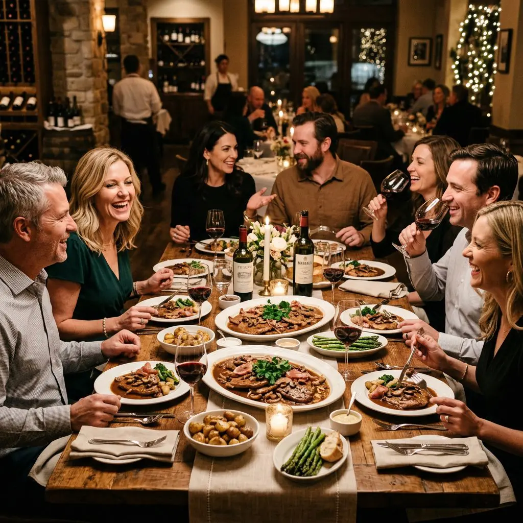8 guests gathered around the table laughing, eating, and drinking red wine, with plates of Veal Sinatra in Marsala Sauce anchoring the center of the joyful feast.