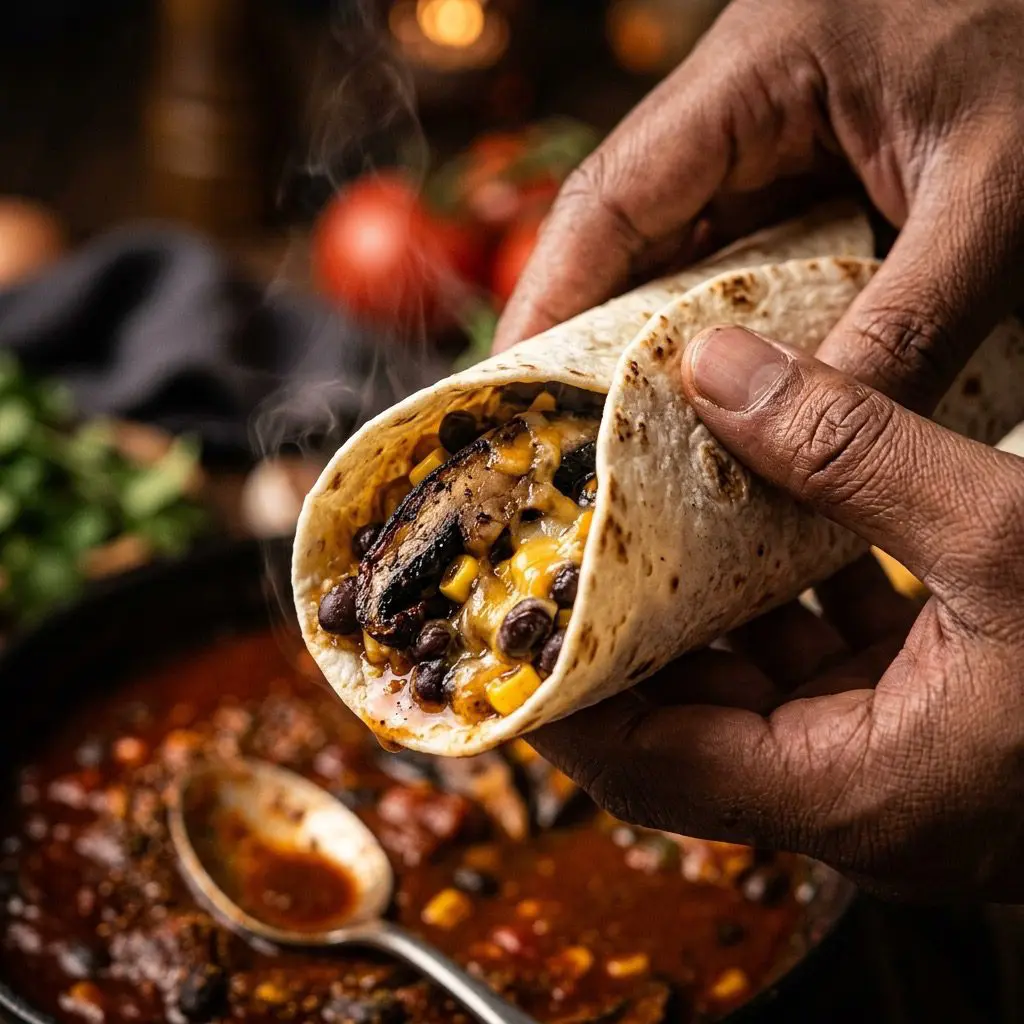 Extreme close-up action shot rolling a soft flour tortilla around a hearty filling of grilled sliced portobello mushrooms, black beans, corn, and melted cheddar cheese