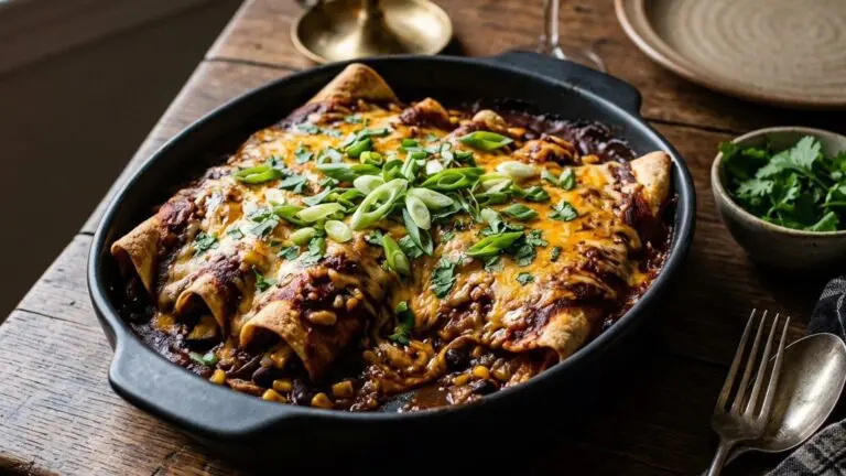 Stunning plated serving of Veggie Enchiladas with Grilled Portobello Mushrooms, Corn, and Black Beans, a chef-tested recipe by Chef Jorj Morgan.