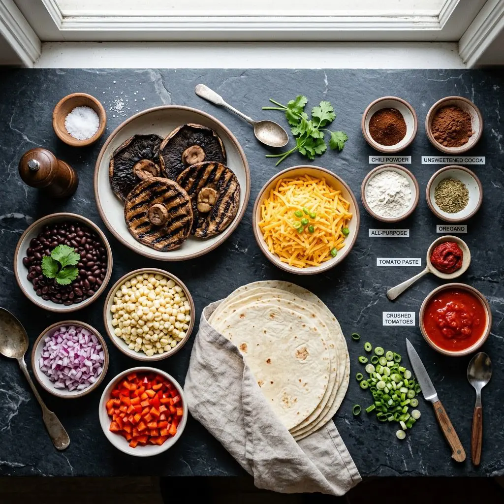 Overhead prep shot of fresh ingredients for veggie enchiladas, including portobello mushrooms, black beans, corn, tortillas, sharp cheddar, and spices for the sauce