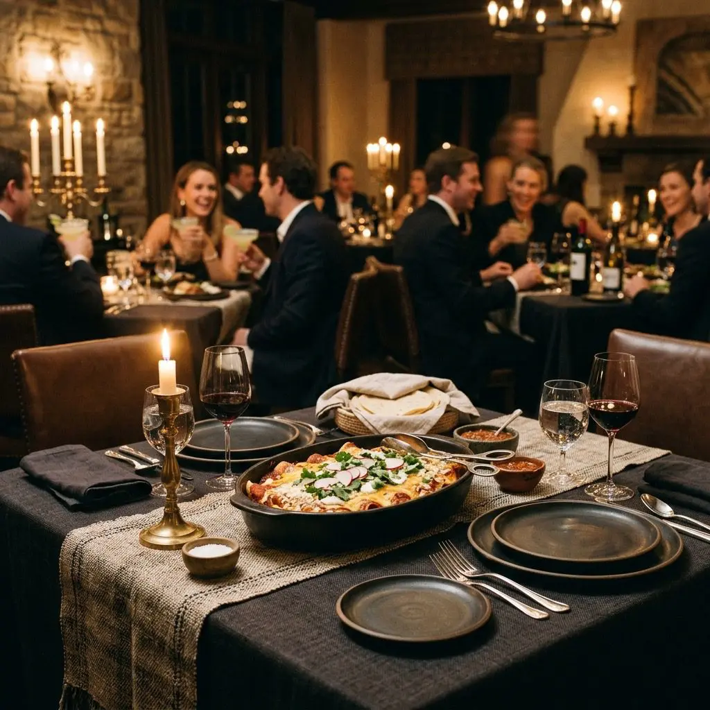 An elegant, formal Mexican-inspired dinner table setting featuring a bubbling dish of Veggie Enchiladas, with a dinner party in the background
