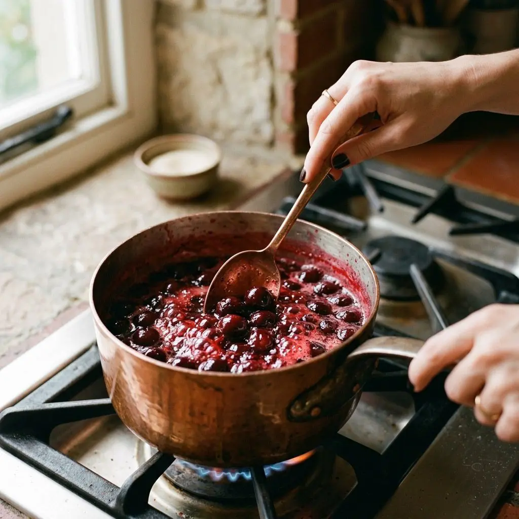 Hands using a copper spoon to stir sweet, glossy dark red cherries and ruby-rich berry puree as they simmer and bubble in a warm, polished copper saucepan over a stove hearth, catching soft afternoon light.