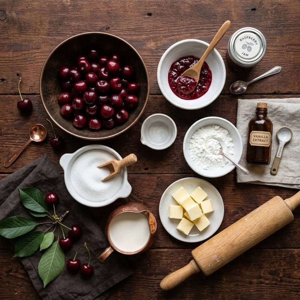 Raw ingredients arranged in copper and white stoneware bowls on a dark redwood table. The ingredients include fresh pitted dark red cherries, raspberry jam in a glass jar, white granulated sugar in a ceramic dish, cornstarch, vanilla extract in an amber bottle, butter cubes, half-and-half in a small pitcher, and a rolling pin.