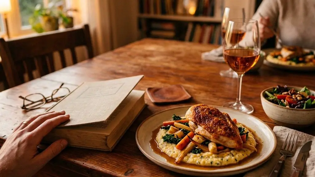 A cozy Highland dinner setting with book and wine