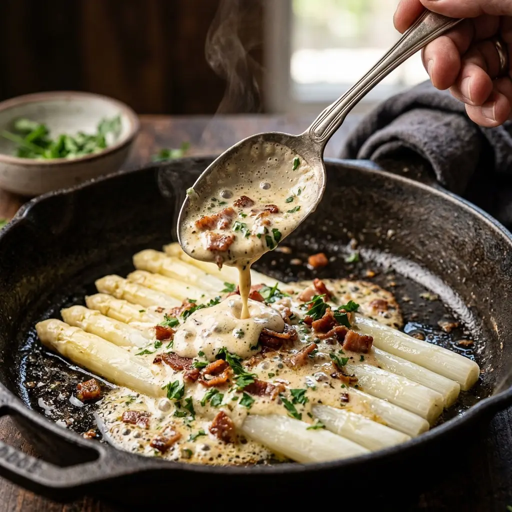 Extreme close-up action shot spooning rich bacon cream sauce over white asparagus spears