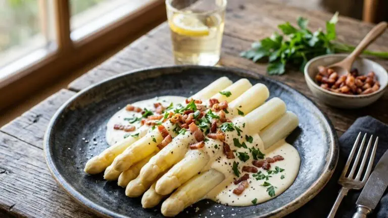 Stunning plated serving of White Asparagus in Cream, a chef-tested recipe by Chef Jorj Morgan.