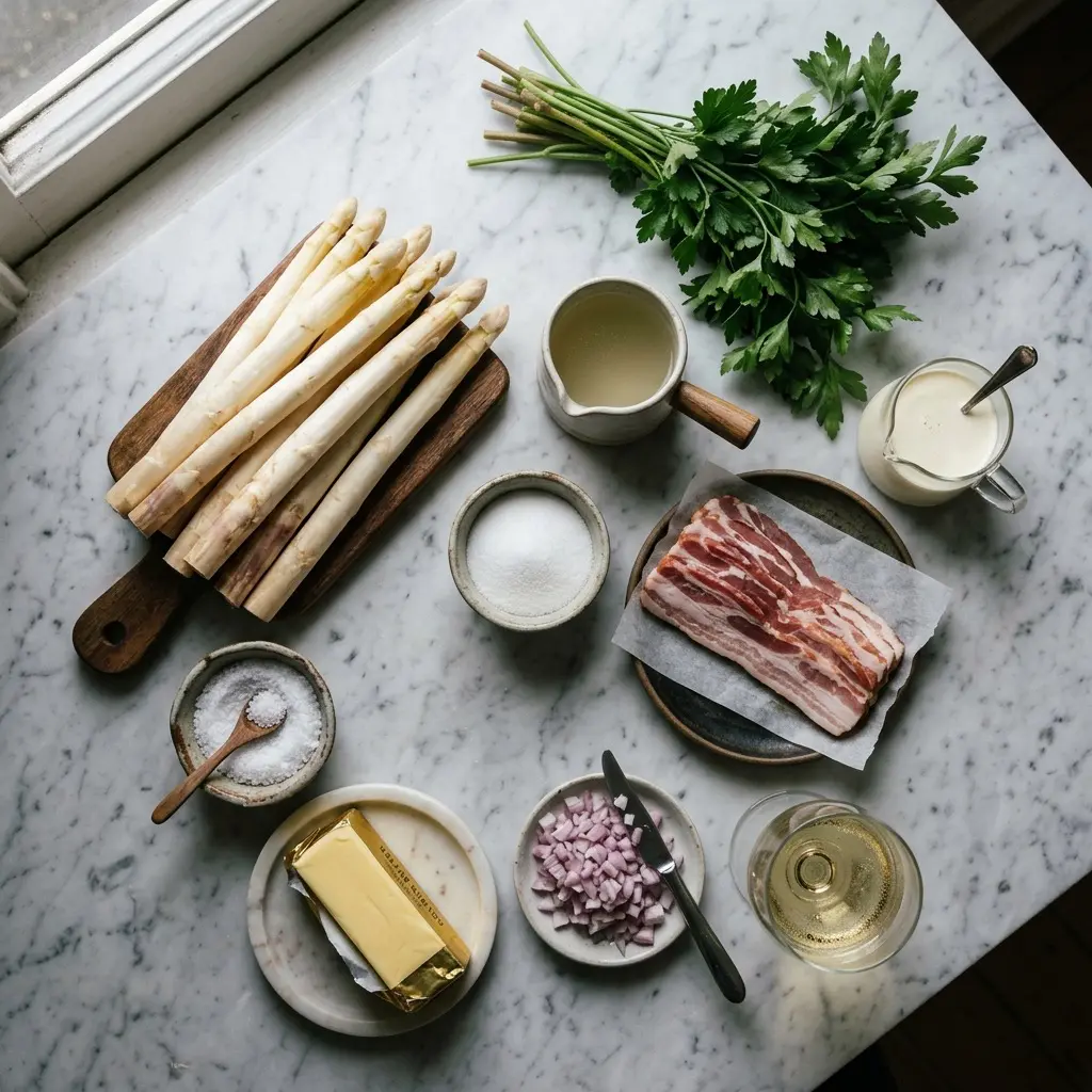 Overhead prep shot of white asparagus, salt, sugar, bacon, butter, shallots, white wine, vegetable stock, cream, and parsley