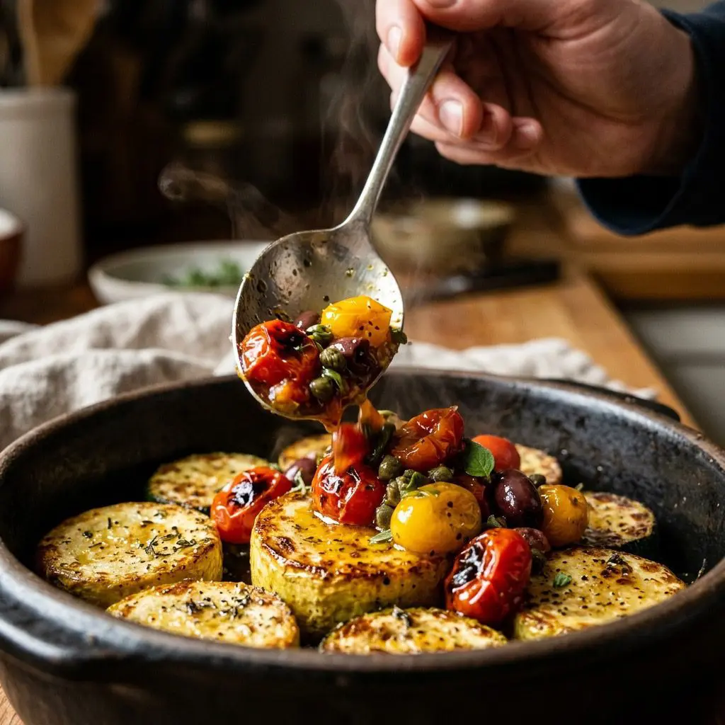 Extreme close-up action shot using a silver spoon to carefully dollop a vibrant mixture of blistered roasted grape tomatoes, kalamata olives, and capers atop golden, pan-seared zucchini rounds