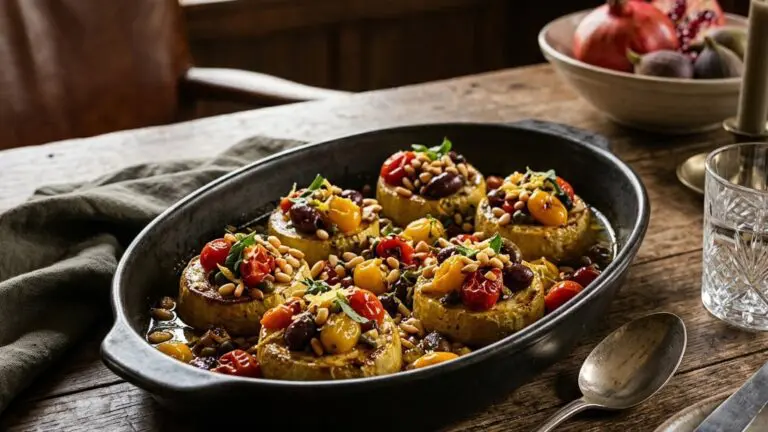 Stunning plated serving of Zucchini topped with Roasted Tomatoes and Pine Nuts, a chef-tested recipe by Chef Jorj Morgan.