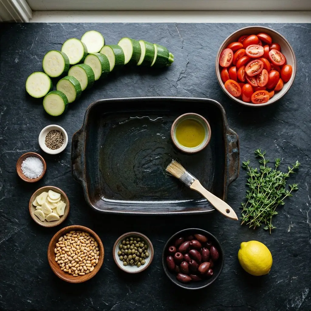 Overhead prep shot of fresh ingredients for Zucchini with Roasted Tomatoes, including thick zucchini rounds, grape tomatoes, garlic, olives, capers, pine nuts, lemon, and spices