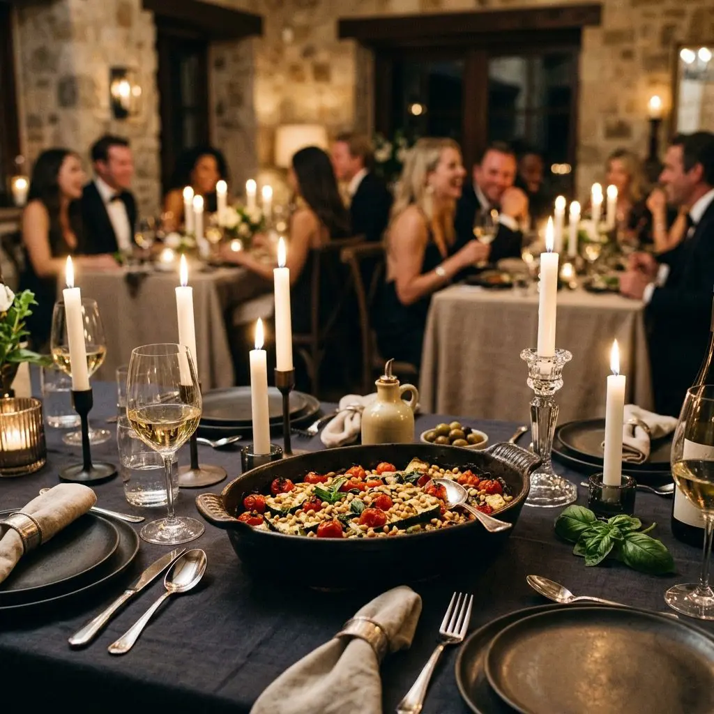 An elegant, formal Mediterranean dinner table setting featuring a dark ceramic baking dish of Zucchini topped with Roasted Tomatoes and Pine Nuts, with a sophisticated gathering in the background