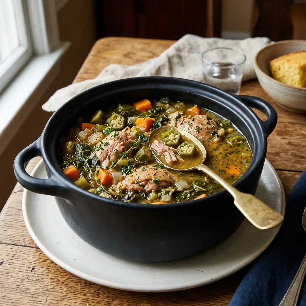 Chef tested Southern-Style Chicken Pot with Okra and Collards recipe by Chef Jorj Morgan