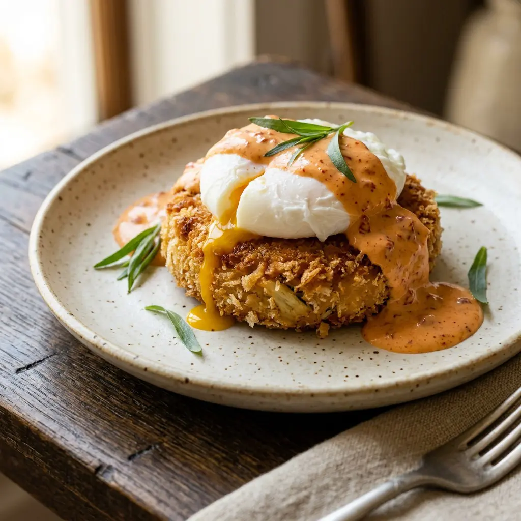 Chef tested Crab Cakes Topped with Poached Eggs and Sun-Dried Tomato Hollandaise Sauce recipe by Chef Jorj Morgan
