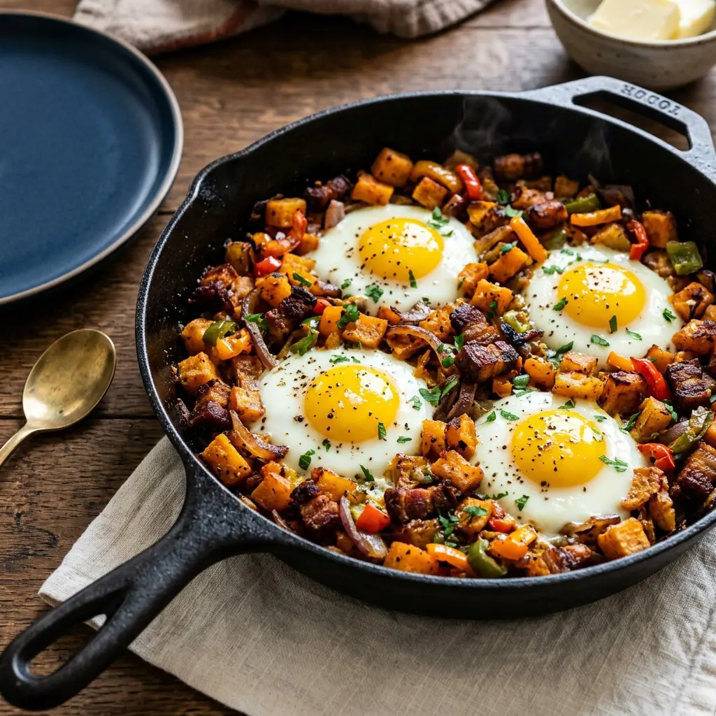 Chef tested Skillet Sweet Potato Hash with Pork Belly and Fried Eggs recipe by Chef Jorj Morgan