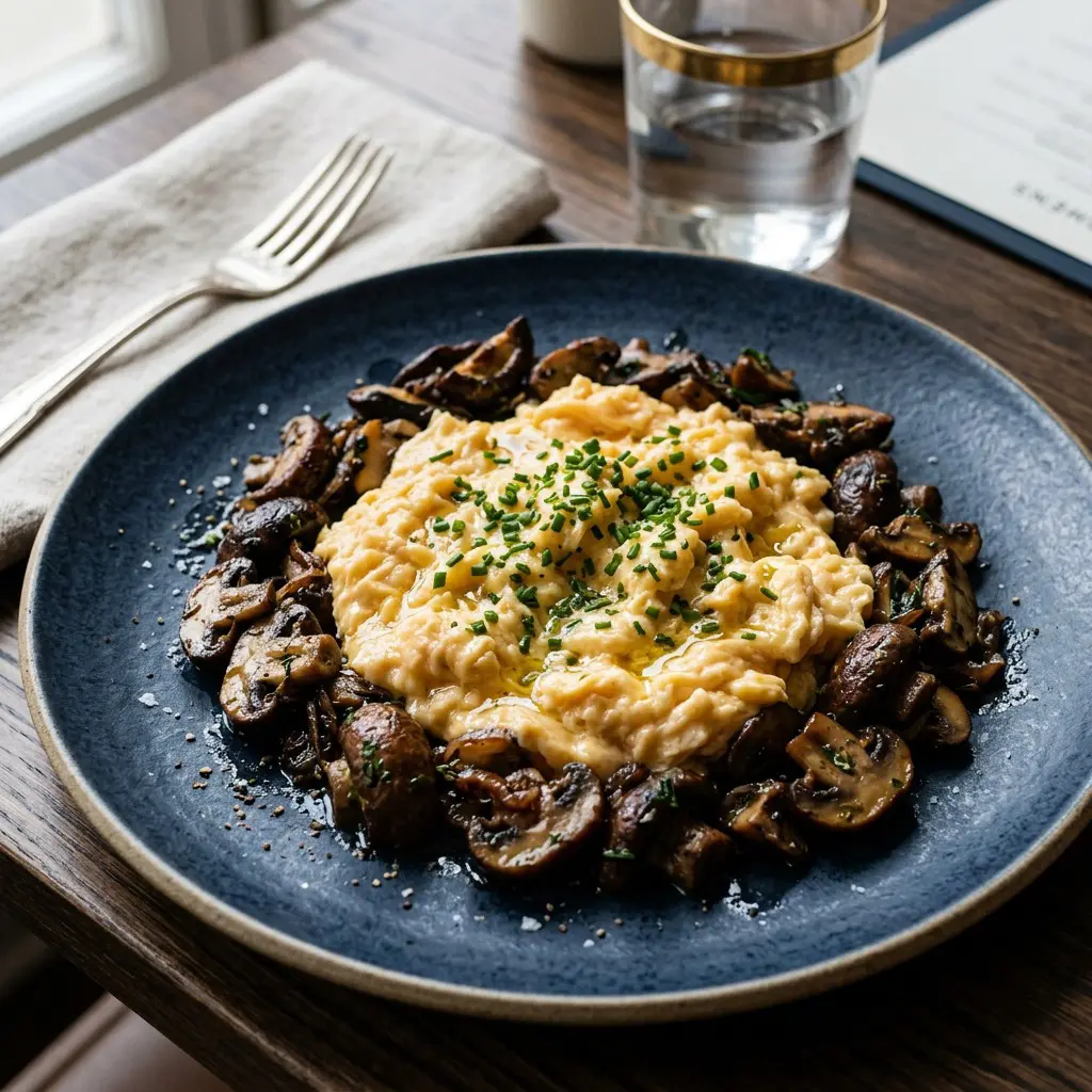 Chef tested Sunday Best Scrambled Eggs with Sherried Mushrooms, Chives and Truffle Oil recipe by Chef Jorj Morgan