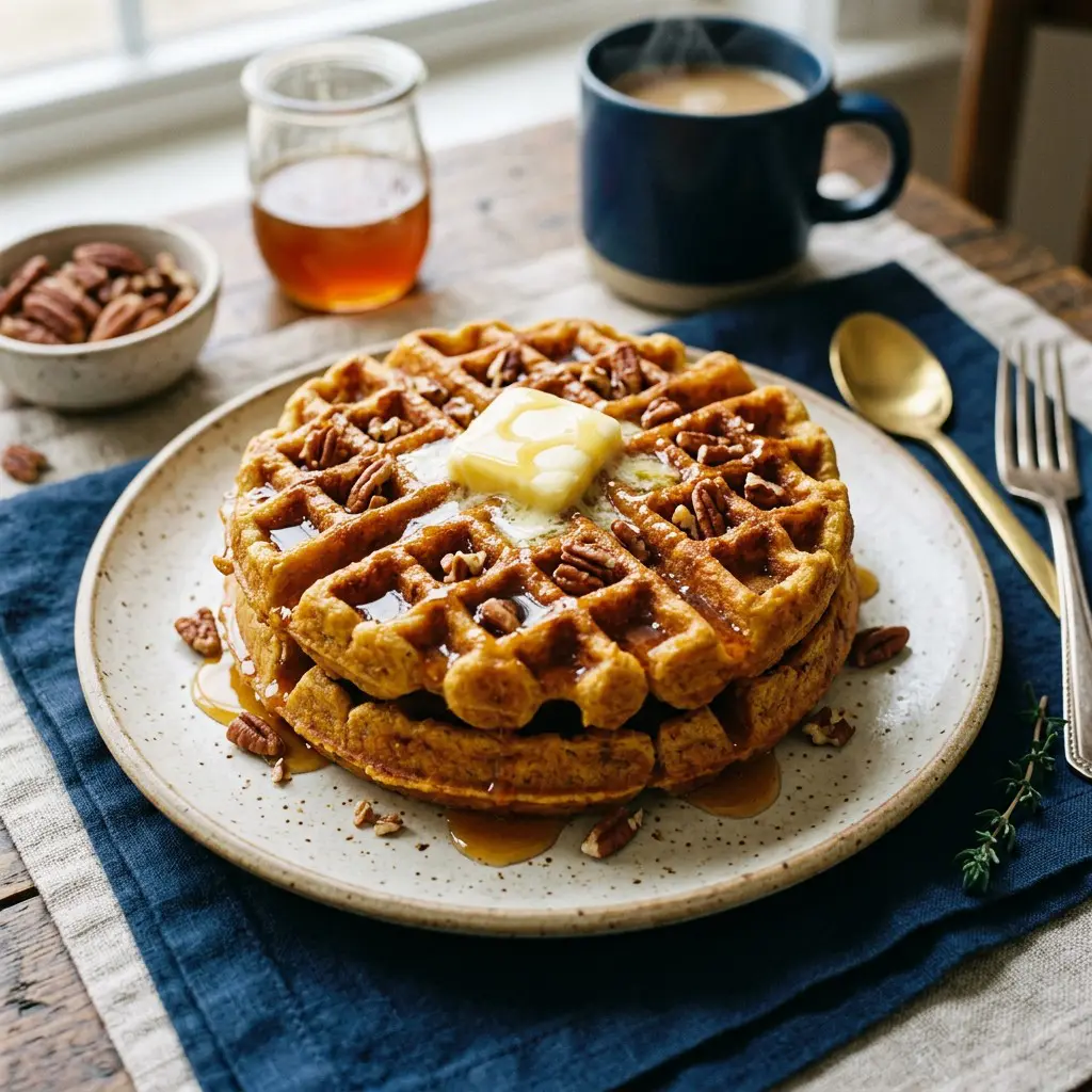 Chef tested Pumpkin Waffles with Honey-Orange Syrup and Toasted Pecans recipe by Chef Jorj Morgan