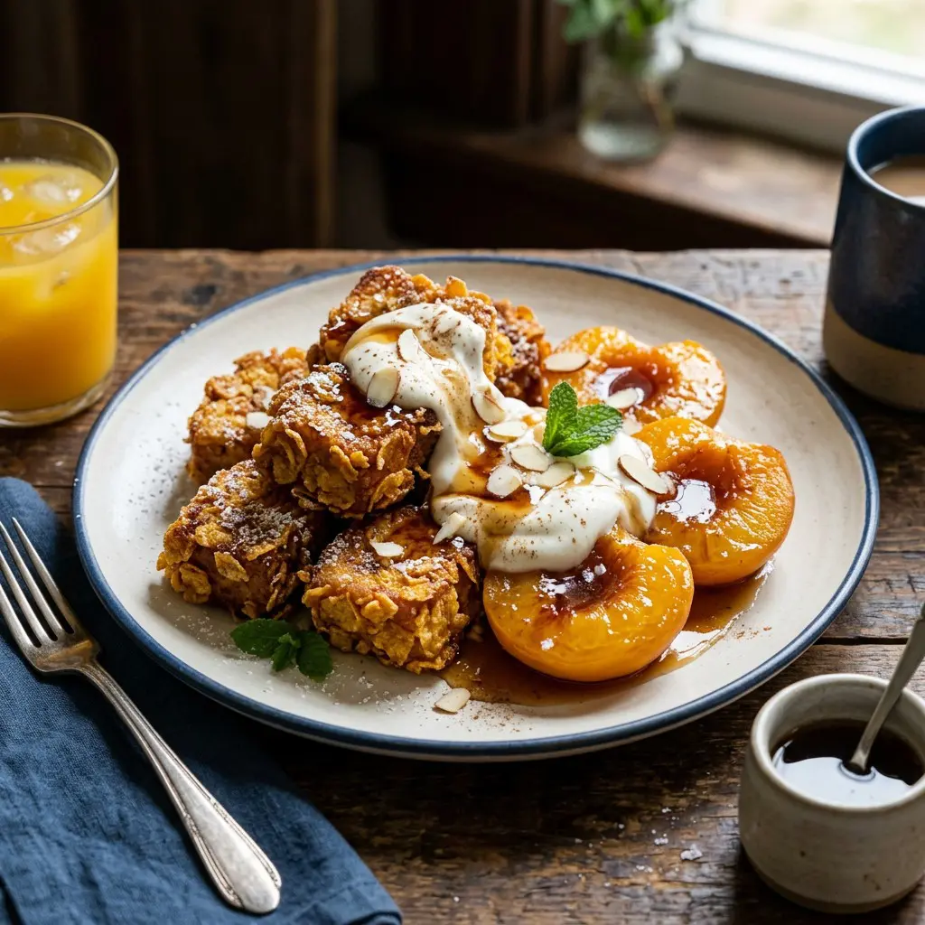 Chef tested Syrup Poached Peaches with Crunchy French Toast Bites recipe by Chef Jorj Morgan
