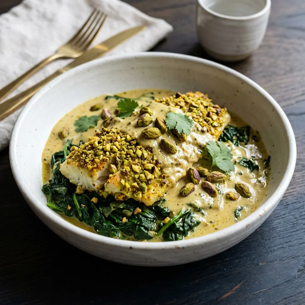 Chef tested Pistachio Crusted Tilapia with Sautéed Spinach and Creamy Coconut Curry Sauce recipe by Chef Jorj Morgan