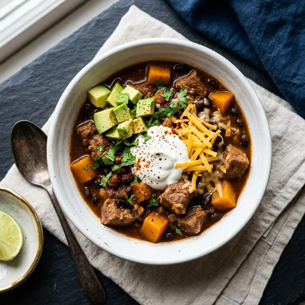 Chef tested Chunky Pork, Butternut Squash and Black Bean Chili recipe by Chef Jorj Morgan