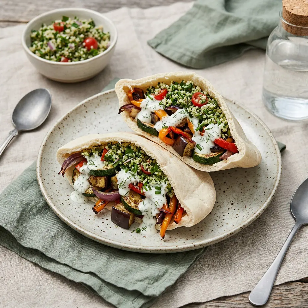 Chef tested Roasted Veggie Pitas with Herb Ranch Dressing and Quinoa Tabbouleh recipe by Chef Jorj Morgan
