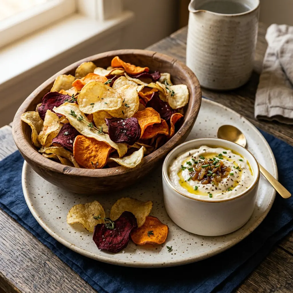 Chef tested Veggie Chips with Roasted Garlic Onion Dip recipe by Chef Jorj Morgan