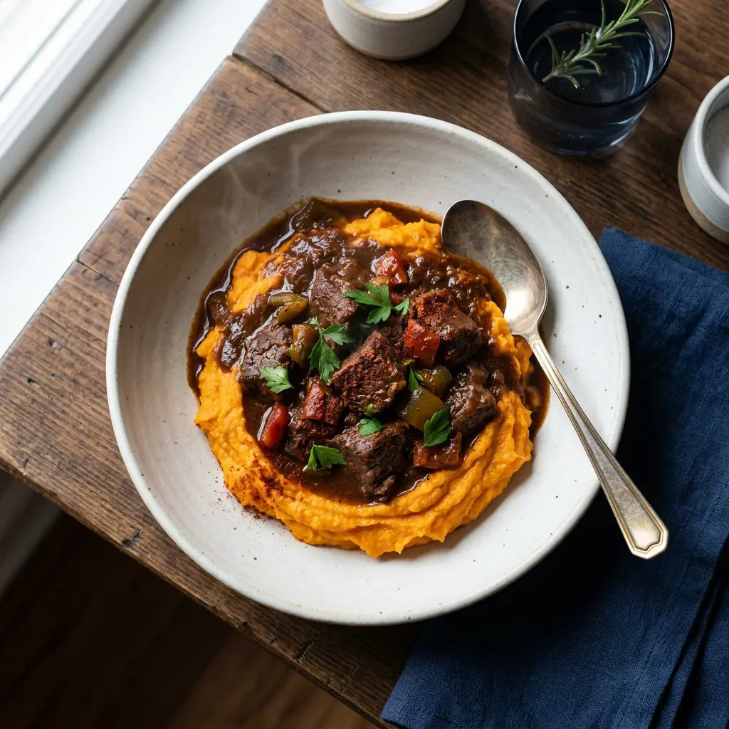 Chef tested Cocoa Spiced Beef Stew over Chipotle Sweet Potato Mash recipe by Chef Jorj Morgan