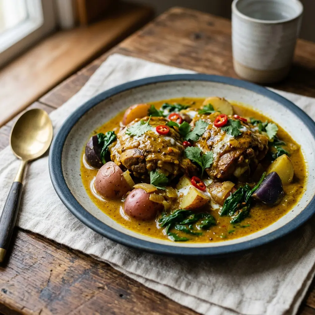 Chef tested Curried Chicken Thighs with Potatoes and Spinach recipe by Chef Jorj Morgan