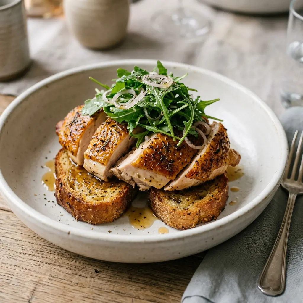 Chef tested Sunday Best Chicken with Herb Butter, French Toast Croutons, and Arugula Salad recipe by Chef Jorj Morgan