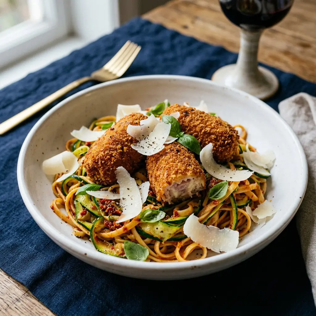 Chef tested Ham Croquettes over Zucchini Pasta with Sun-Dried Tomato Pesto recipe by Chef Jorj Morgan