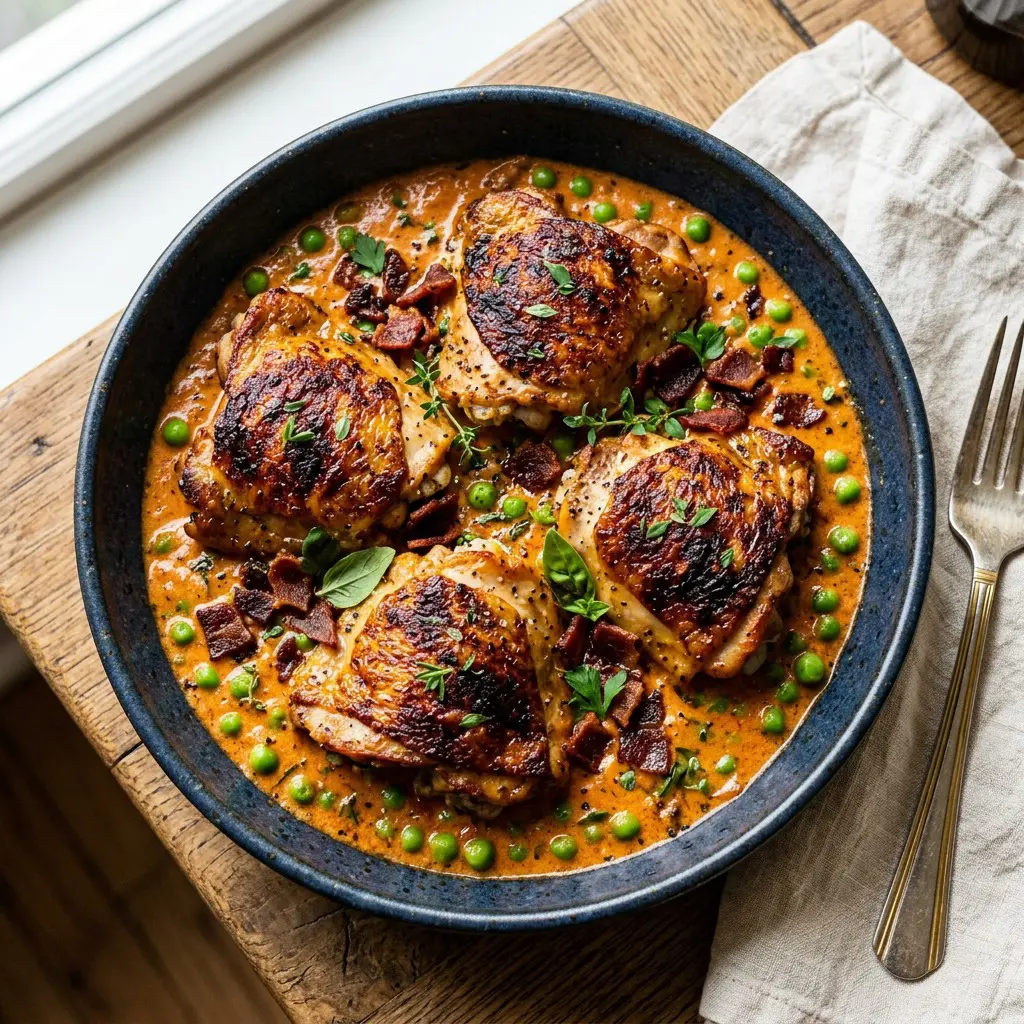Chef tested Braised Chicken Thighs with Sweet Peas and Bacon recipe by Chef Jorj Morgan
