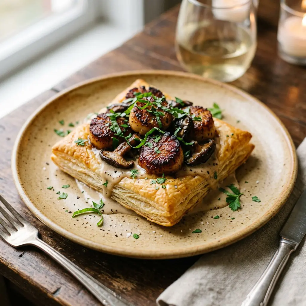 Chef tested Seared Scallops and Shitakes over Puff Pastry Pillows recipe by Chef Jorj Morgan
