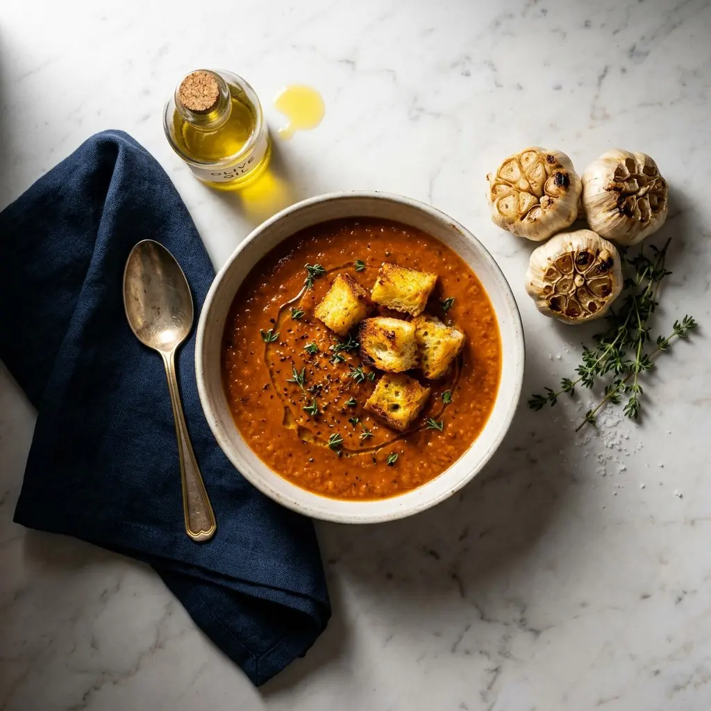 Chef tested Roasted Garlic and Tomato Soup with Grilled Artisanal Cheese Croutons recipe by Chef Jorj Morgan