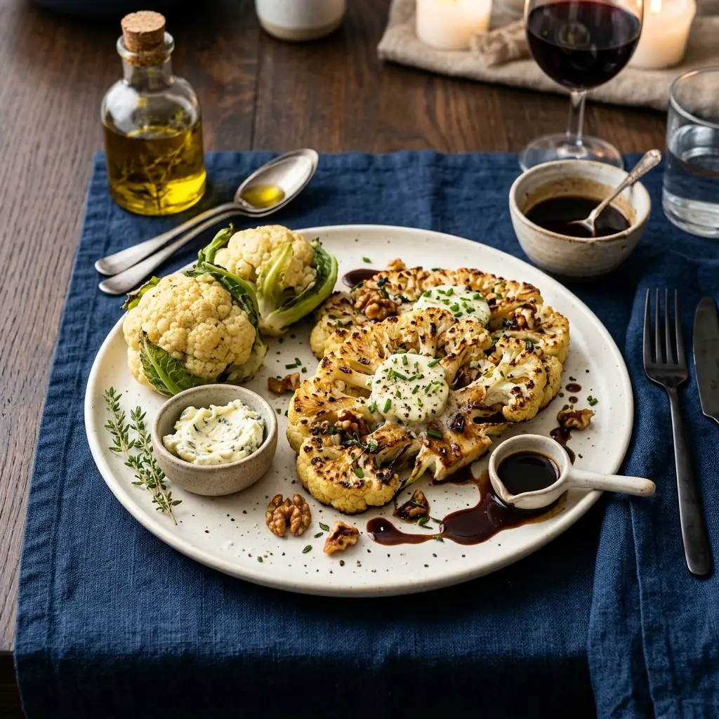 Chef tested Cauliflower Steaks with Gorgonzola Compound Butter and Balsamic Steak Sauce recipe by Chef Jorj Morgan