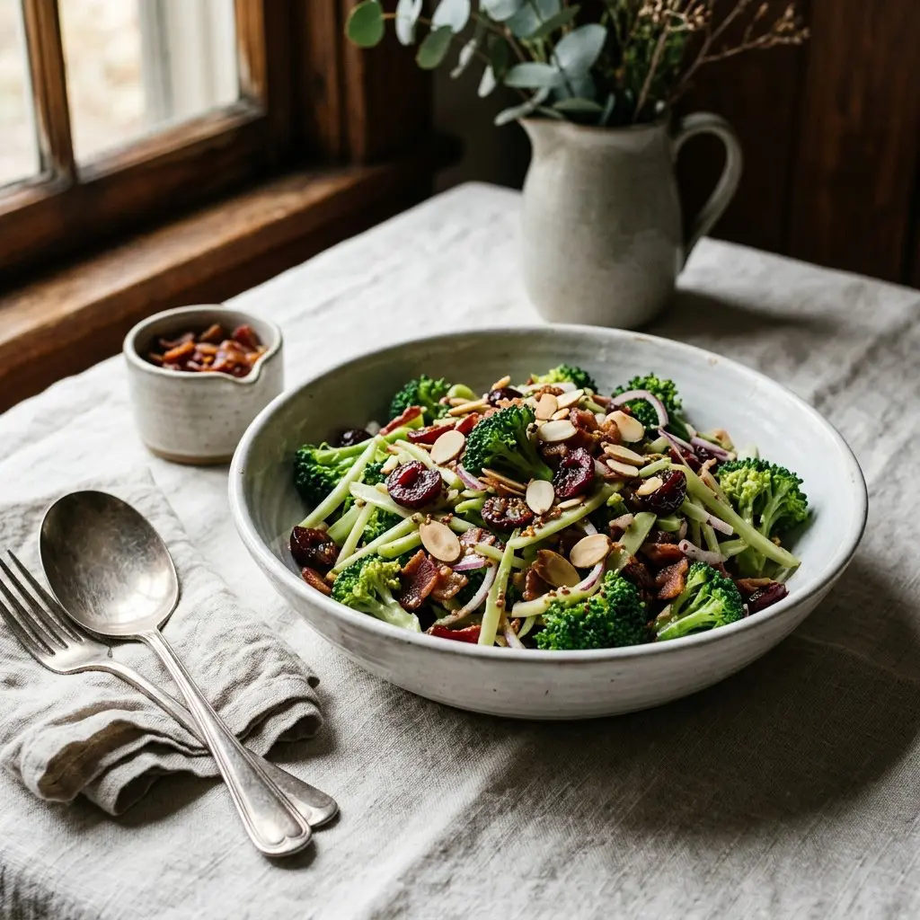 Chef tested Broccoli Salad with Cherries, Almonds and Warm Bourbon-Bacon Dressing recipe by Chef Jorj Morgan