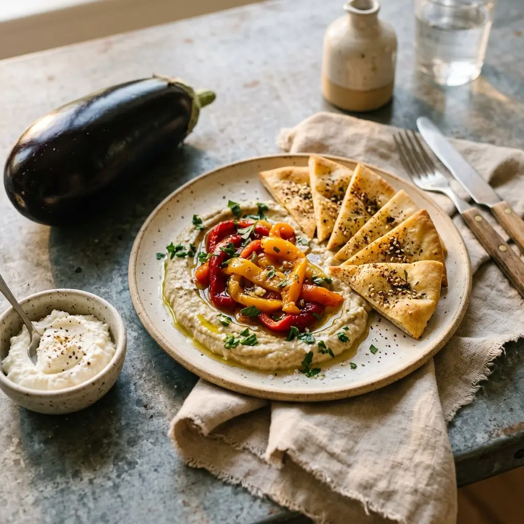 Chef tested Whipped Eggplant with Garlic Marinated Roasted Peppers and Toasted Pita Wedges recipe by Chef Jorj Morgan