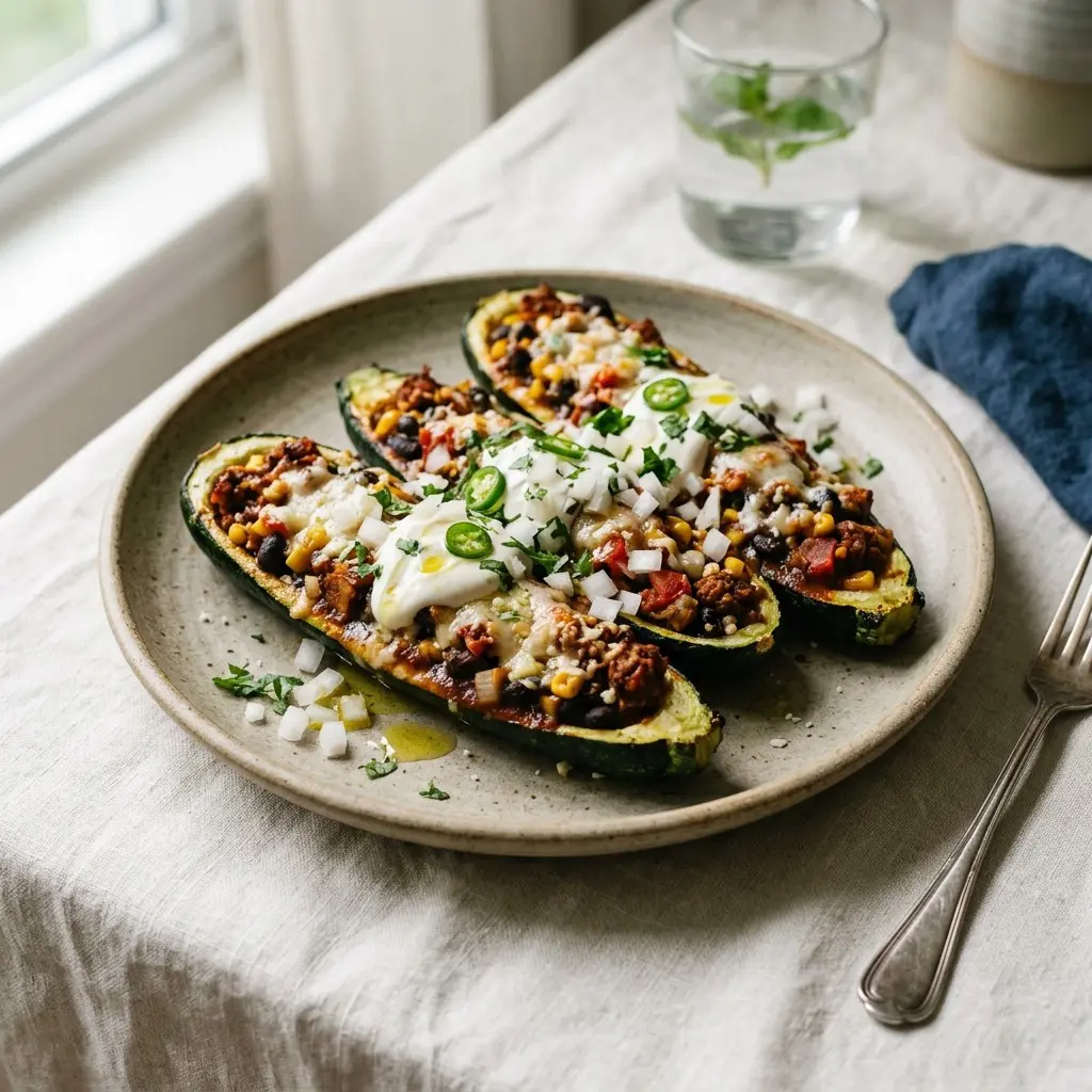 Chef tested Zucchini Enchilada Boats with Chorizo and Black Bean Filling recipe by Chef Jorj Morgan