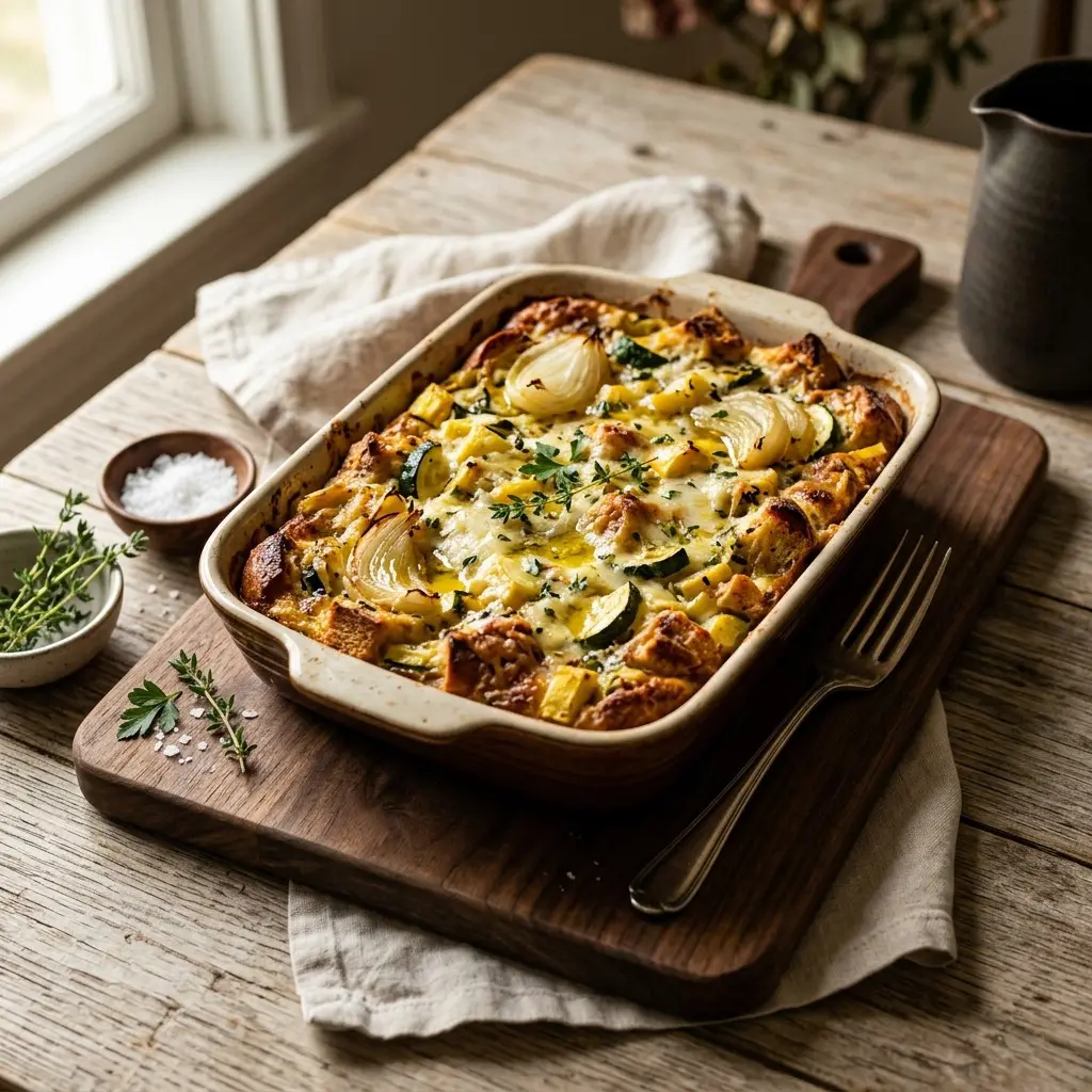 Chef tested Cheesy Summer Squash and Zucchini Bread Pudding recipe by Chef Jorj Morgan