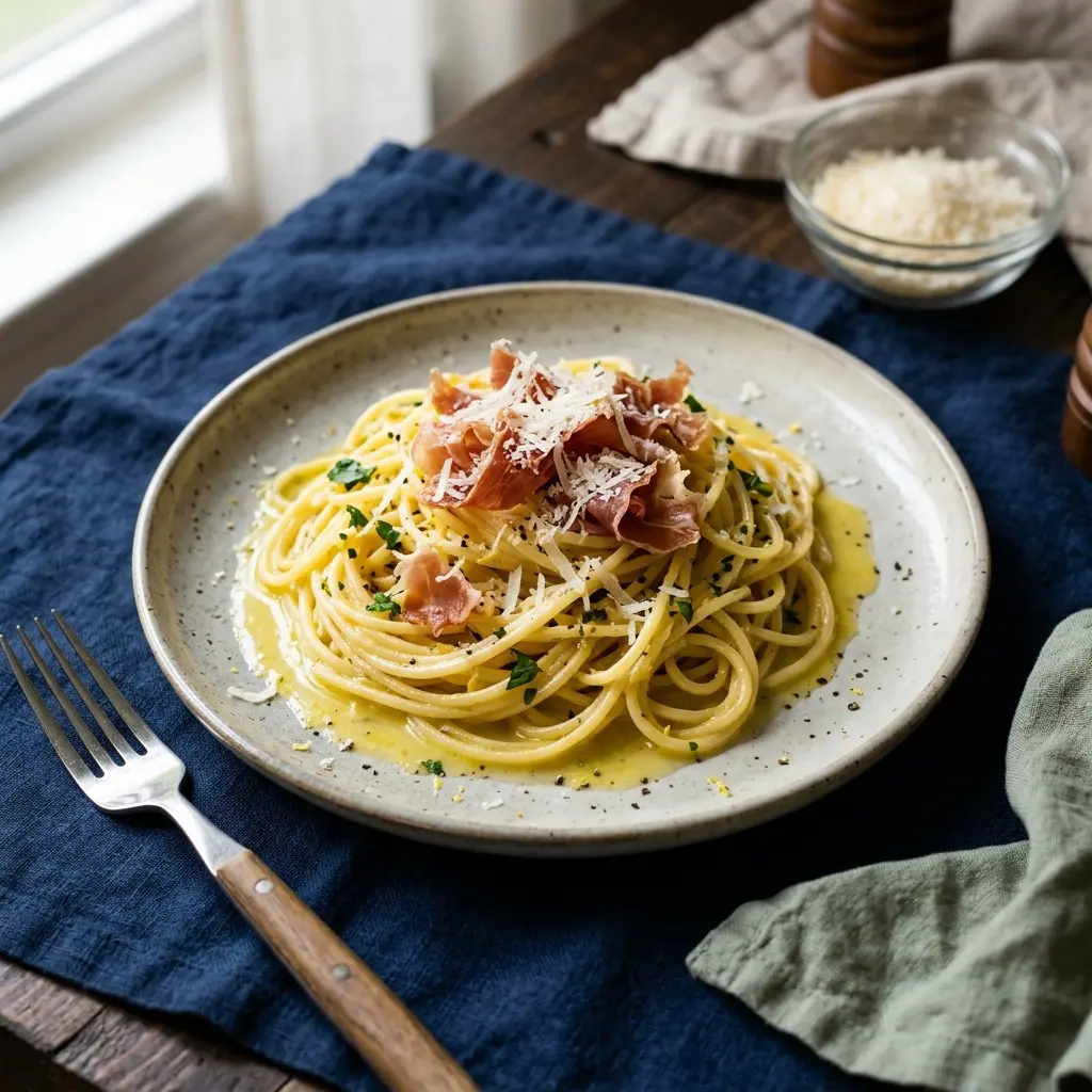 Chef tested Meyer Lemon-Infused Spaghetti with Prosciutto and Parmigiano Reggiano recipe by Chef Jorj Morgan