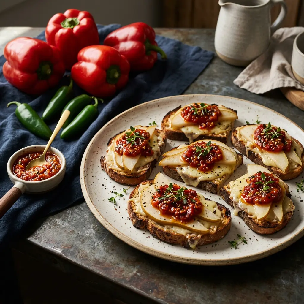 Chef tested Spicy Pepper Chutney on Pear and Gruyere Toasts recipe by Chef Jorj Morgan