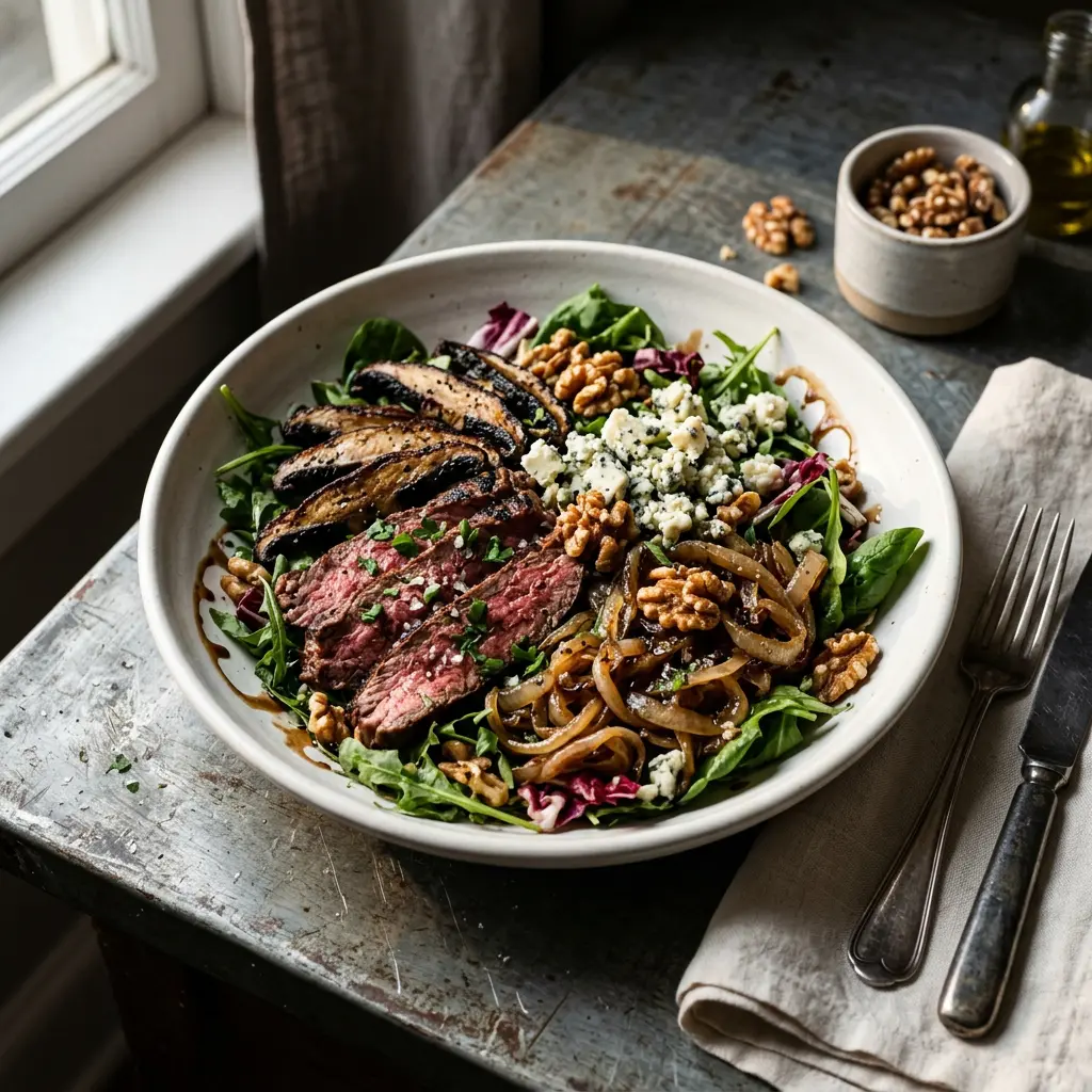 Chef tested Steak, Portobello, and Caramelized Onion Salad with Blue Cheese and Walnuts recipe by Chef Jorj Morgan