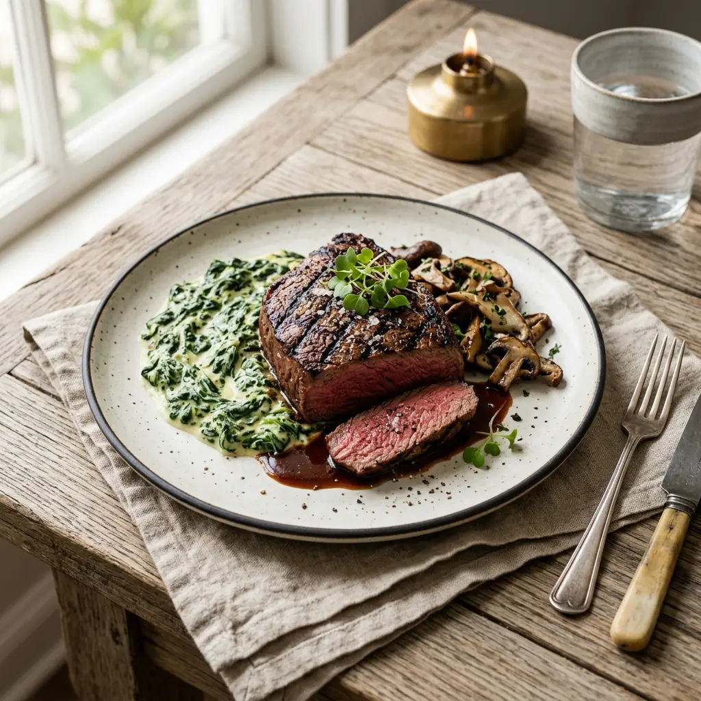 Chef tested Grilled Cap Steaks with Creamed Spinach and Sautéed Mushrooms recipe by Chef Jorj Morgan