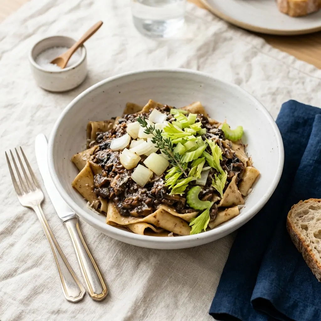 Chef tested Mushroom Bolognese Sauce over Pasta Rags recipe by Chef Jorj Morgan