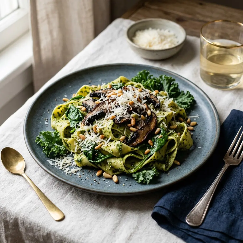 Chef tested Pappardelle with Kale Pesto, Spinach and Portobello Mushrooms recipe by Chef Jorj Morgan