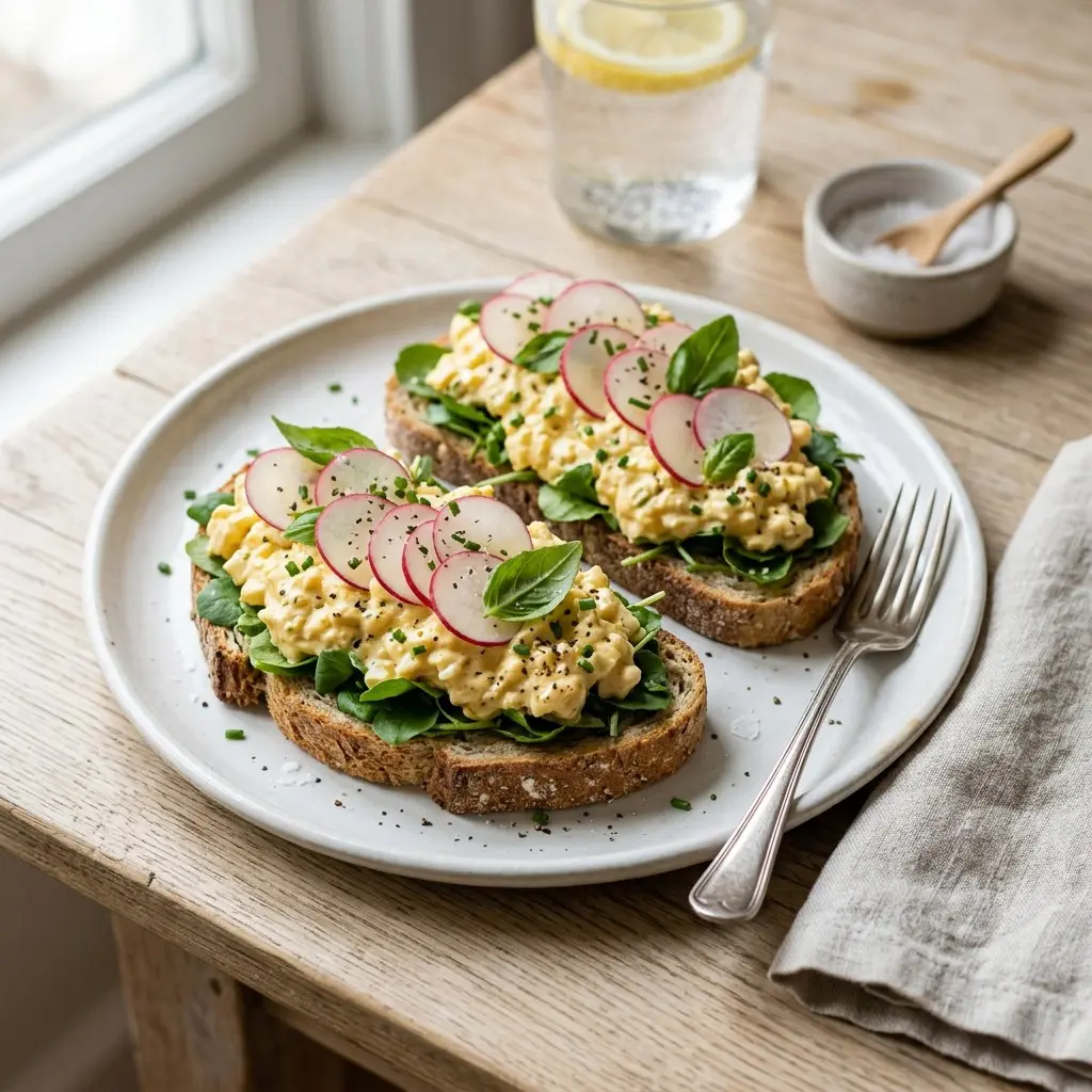 Chef tested Dainty Egg Salad Tartines with Sliced Radishes, Basil and Watercress recipe by Chef Jorj Morgan