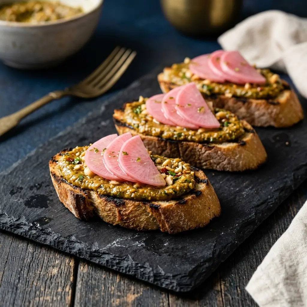 Chef tested Spicy Thai Pesto Crostini with Pickled Radishes recipe by Chef Jorj Morgan