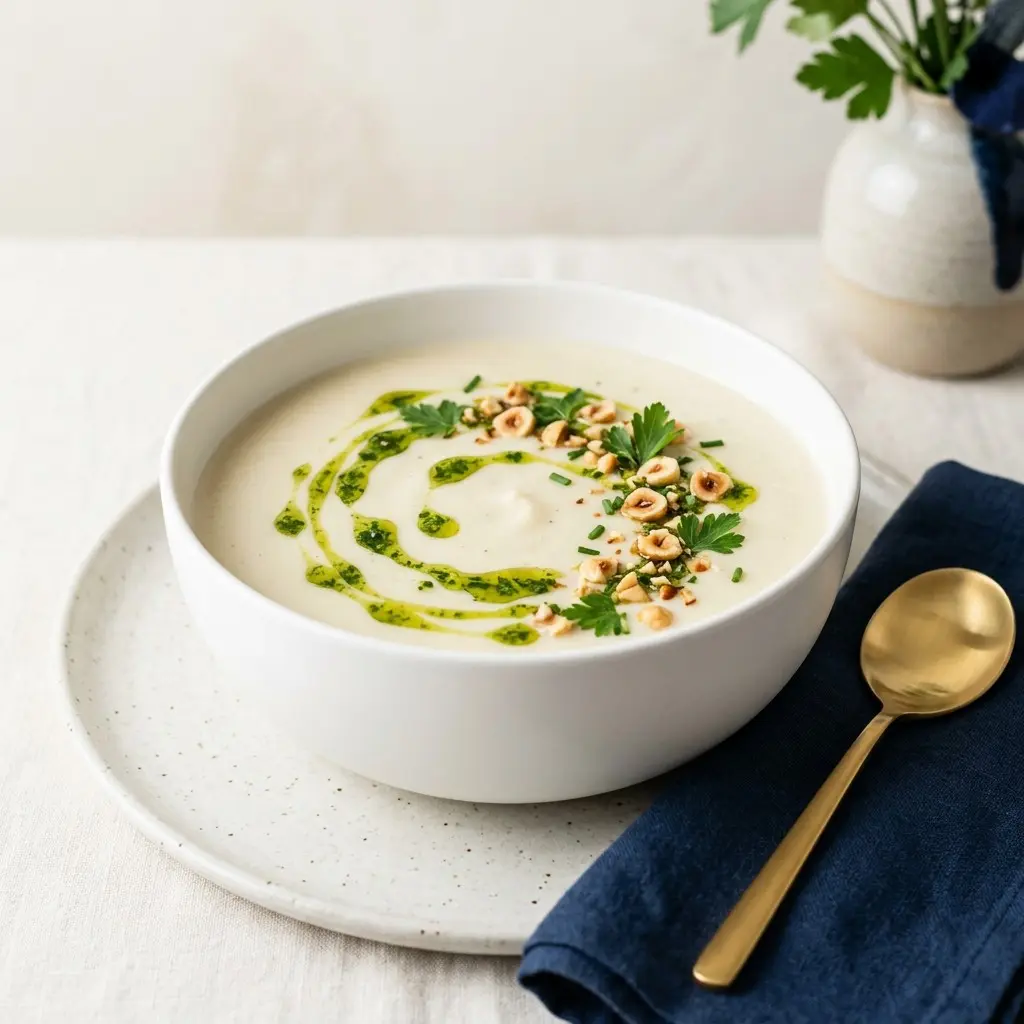 Chef tested Celery Root Vichyssoise with Gremolata Oil and Chopped Hazelnuts recipe by Chef Jorj Morgan