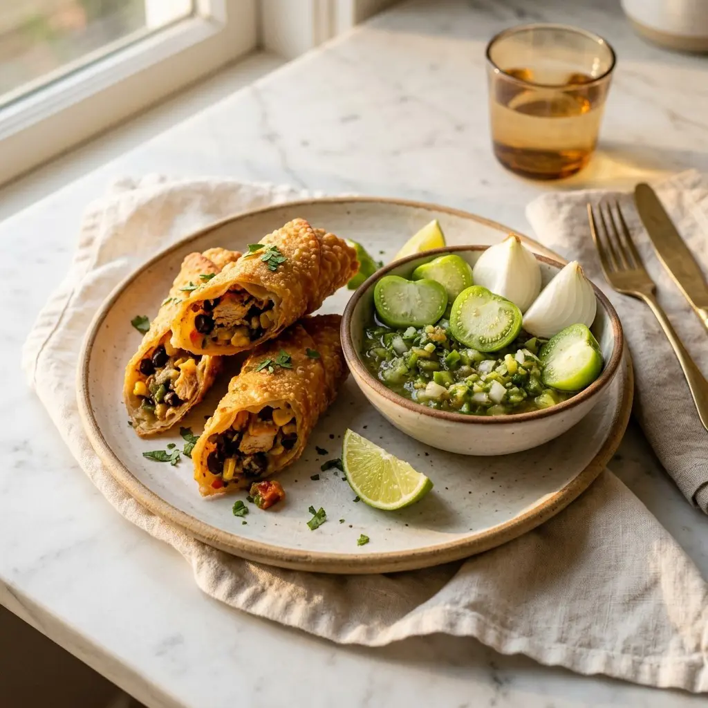 Chef tested Tex-Mex Egg Rolls with Fresh Tomatillo Salsa recipe by Chef Jorj Morgan