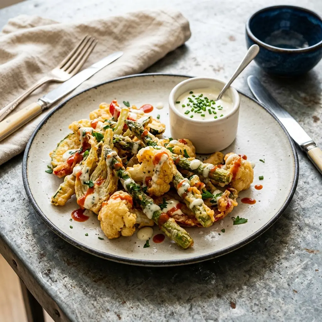 Chef tested Veggie Fritto Misto with Blue Cheese Drizzle and Hot Sauce recipe by Chef Jorj Morgan